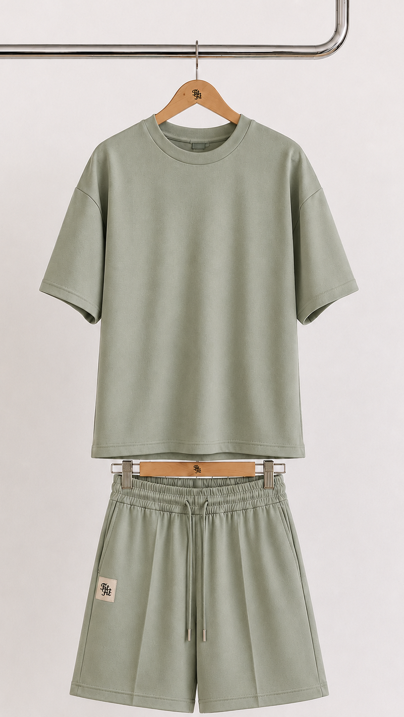 Conjunto T-Shirt Oversized de Manga Curta & Calção Solto Verde Seco