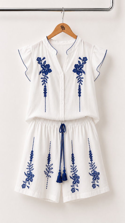 Conjunto Bordado Azul com Calções