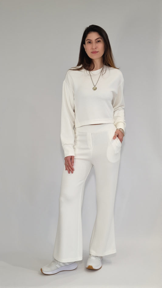 Conjunto Sweater Cropped & Calças Cós Liso Branco