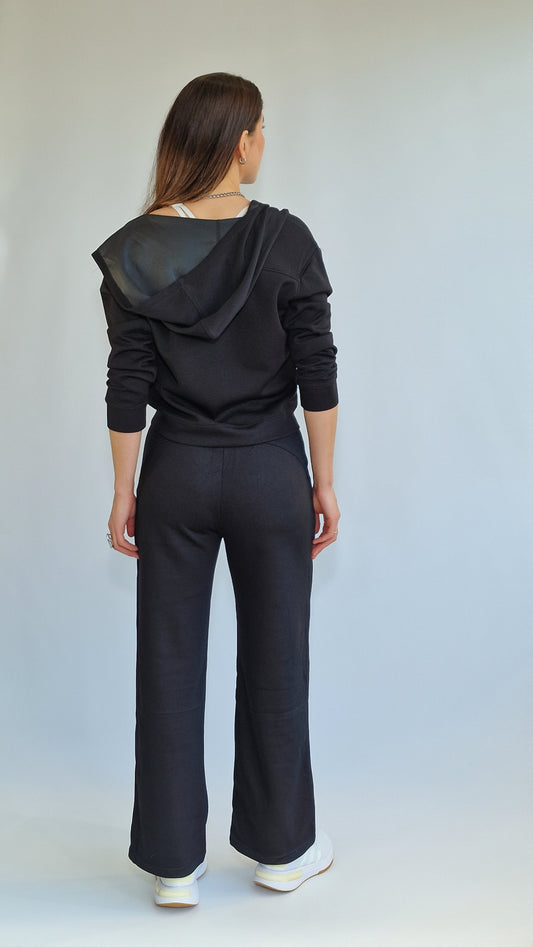 Conjunto Casaco Com Capuz & Calça Reta Preto