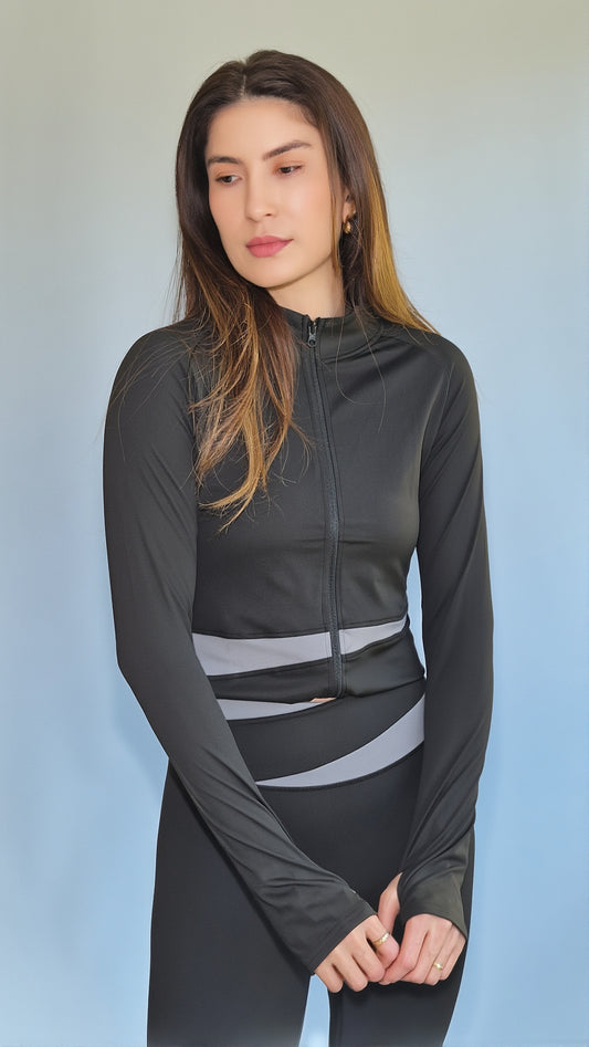 Conjunto 3 Peças Casaco Legging & Top Recorte Diagonal Preto & Cinza