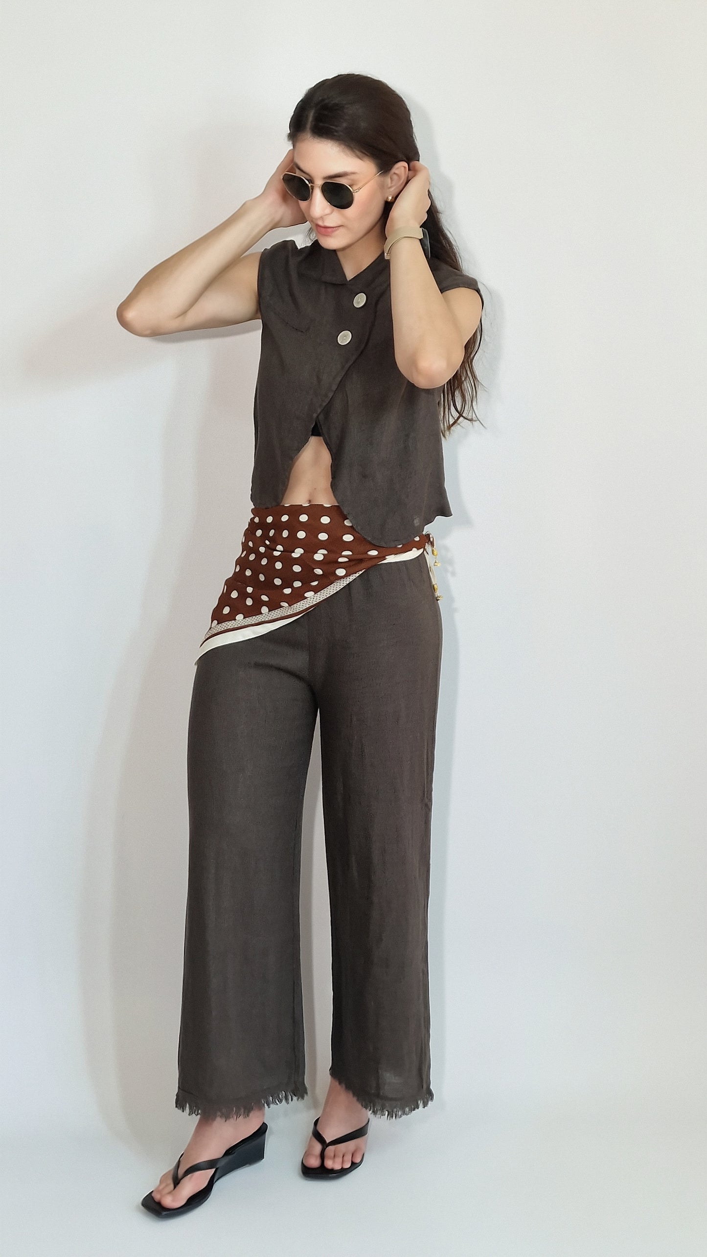 Blusa Linho de Botões Castanho Cacau