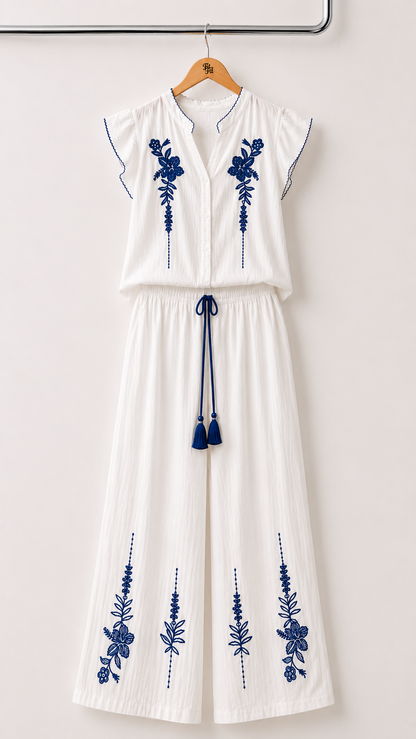 Conjunto Bordado Azul com Calças