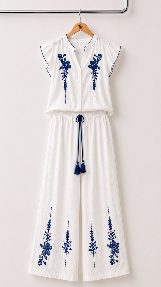 Conjunto Bordado Azul com Calças