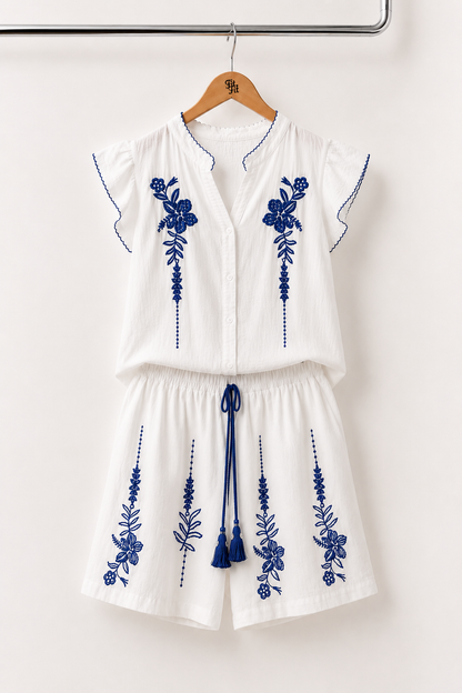 Conjunto Bordado Azul com Calções