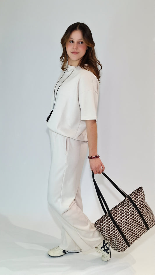 Conjunto em Malha Americana T-Shirt/Calça Reta Marfim