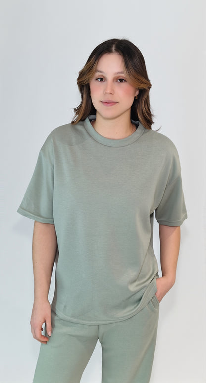 T- Shirt Manga Curta Malha Americana Verde Salvia