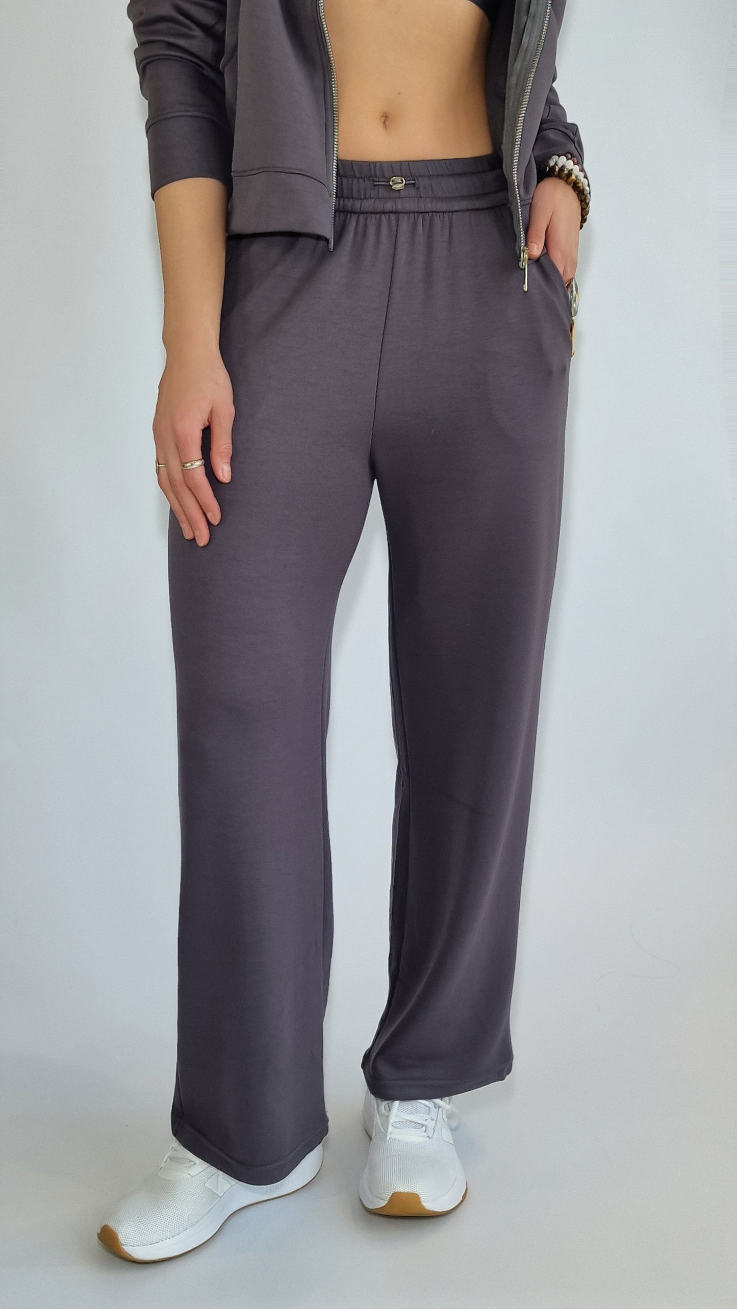 Calças Retas Com Cós Ajustável Cinza Grafite