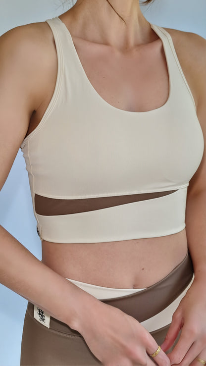 Conjunto 3 Peças Casaco  Legging & Top Recorte Diagonal Mocha &Baunilha