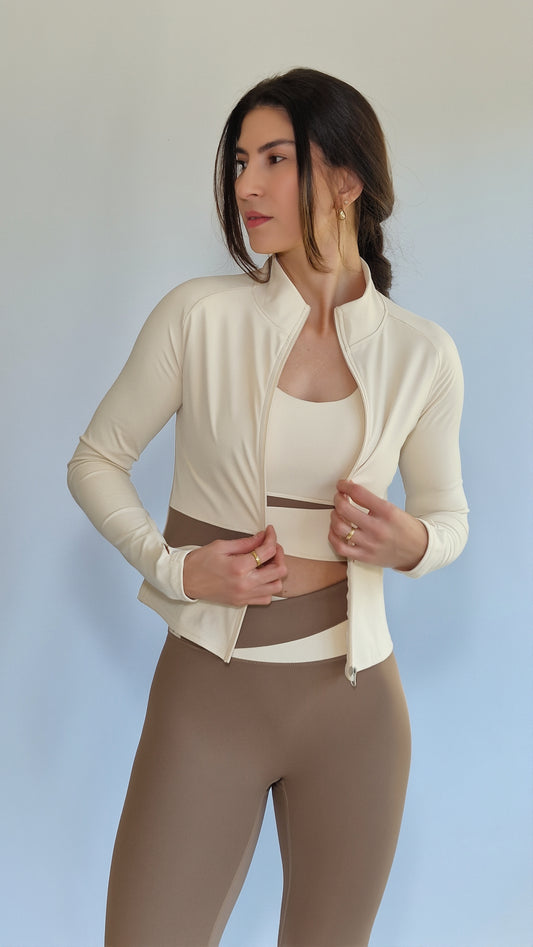 Conjunto 3 Peças Casaco  Legging & Top Recorte Diagonal Mocha &Baunilha