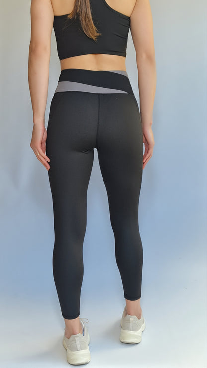 Conjunto 3 Peças  Casaco Legging & Top Recorte Diagonal Preto & Cinza