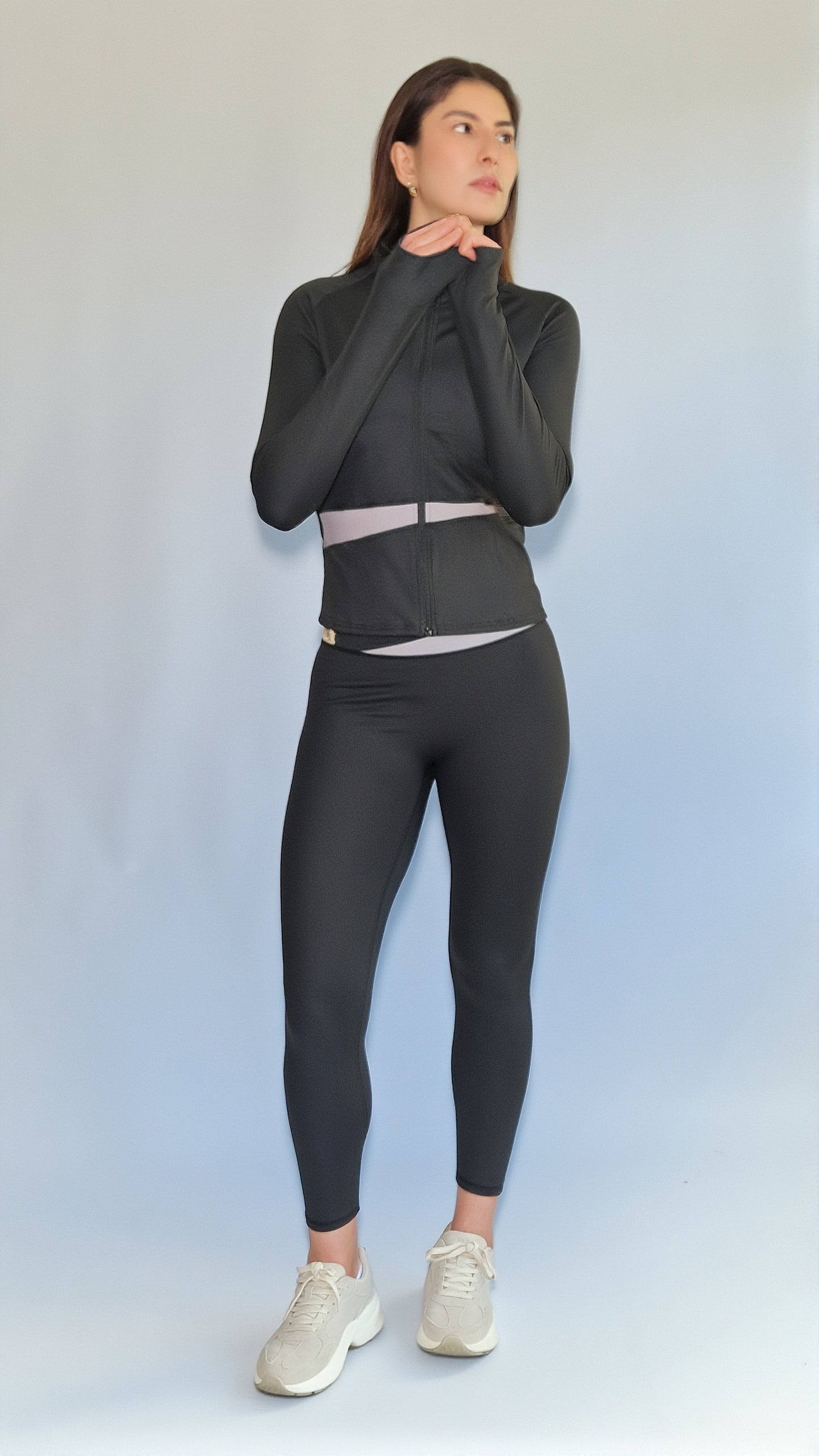 Conjunto 3 Peças  Casaco Legging & Top Recorte Diagonal Preto & Cinza