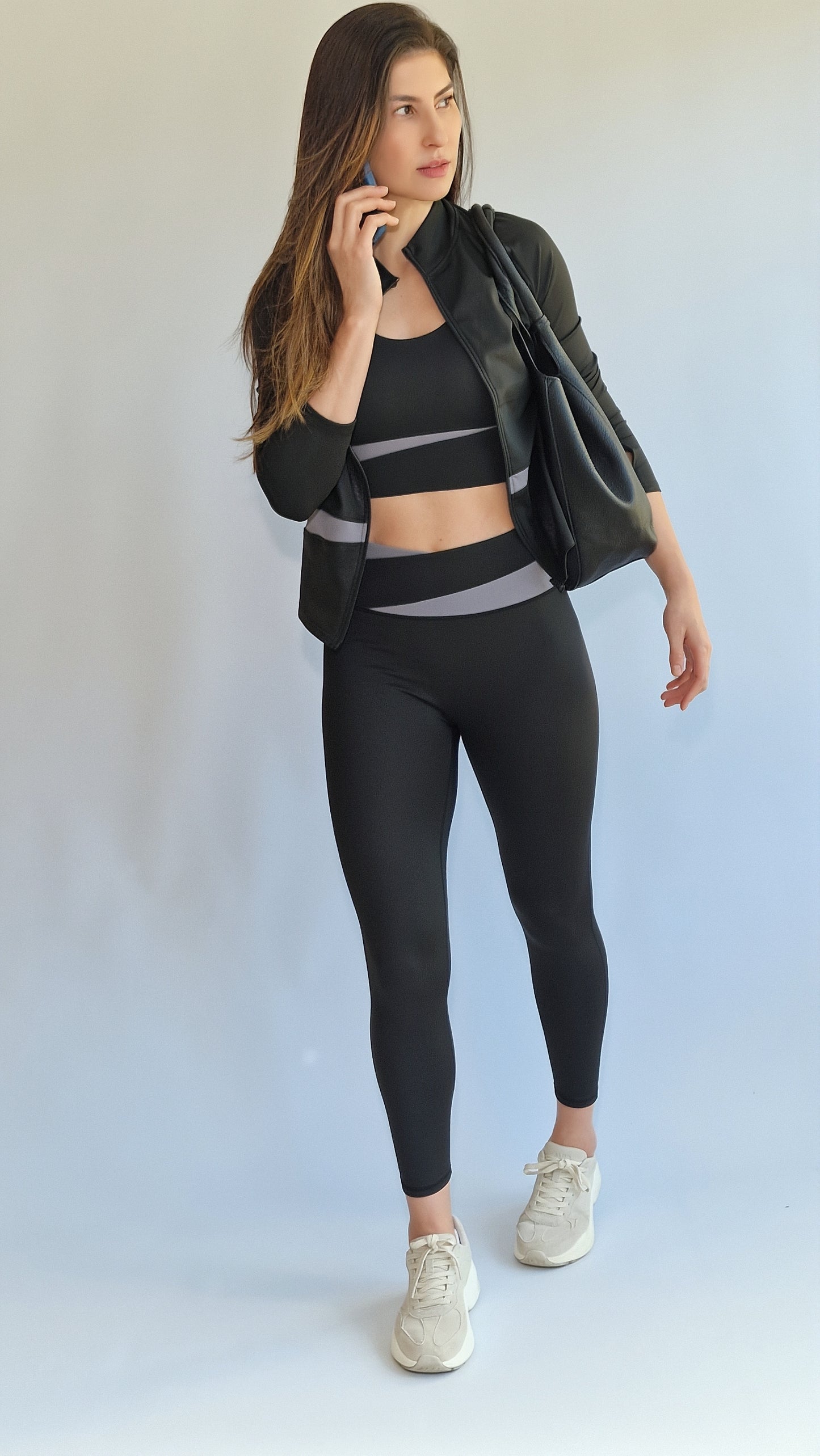 Conjunto 3 Peças  Casaco Legging & Top Recorte Diagonal Preto & Cinza