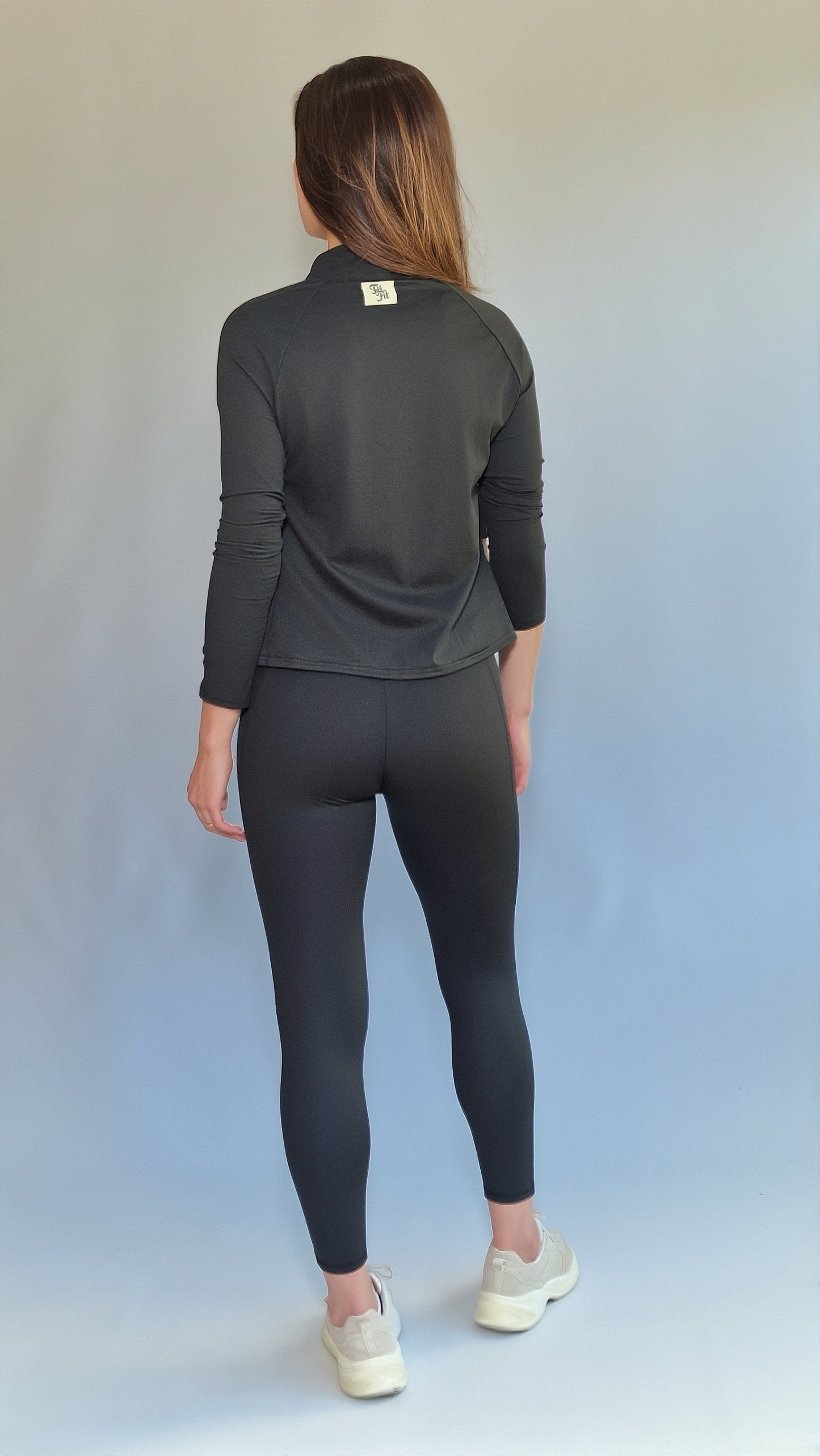 Conjunto 3 Peças  Casaco Legging & Top Recorte Diagonal Preto & Cinza